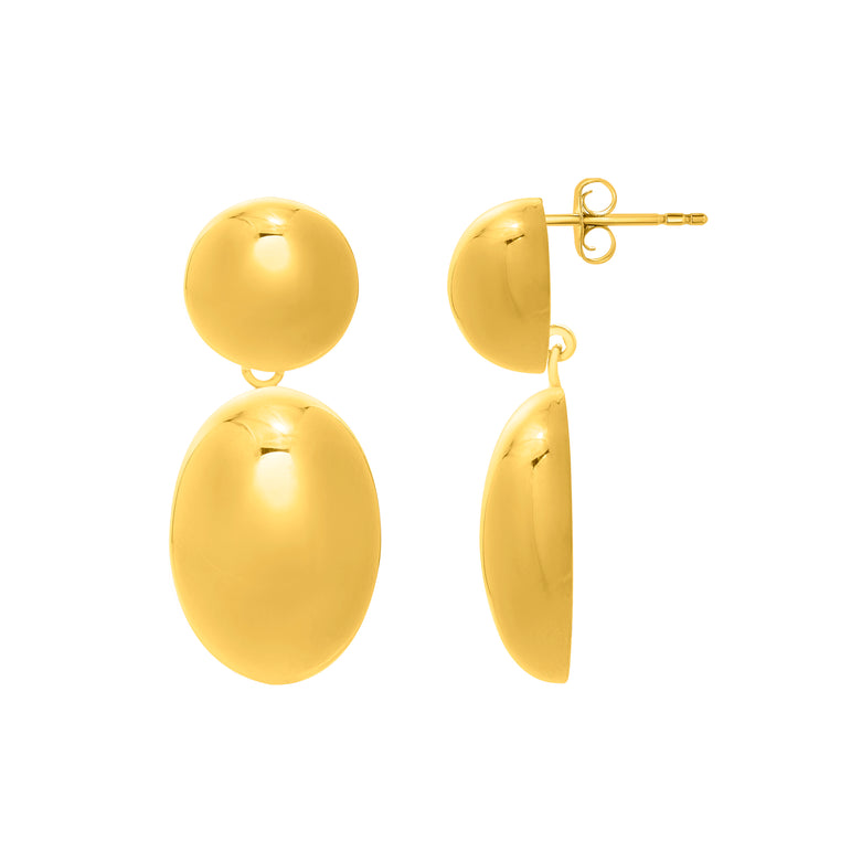 Gold Over Silver Puffed Oval Button Drop Earrings-Yellow | Push Back