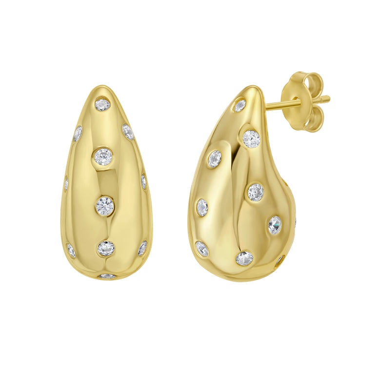 Gold Over Silver Puffed Raindrop Earring with CZ-Yellow | Push Back