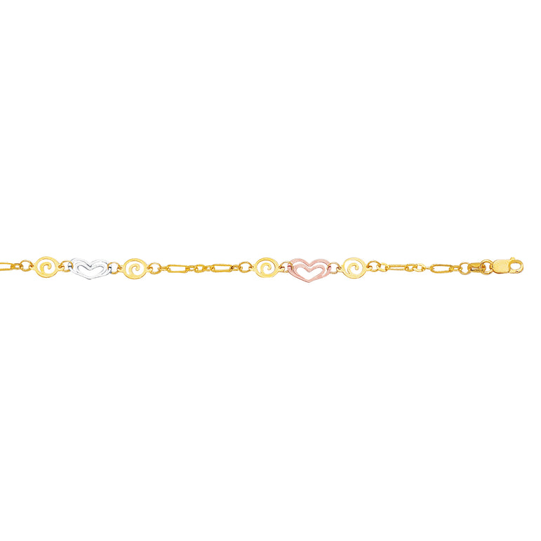 14K Tri-color Gold Heart and Swirl Anklet-Tri-color | Lobster