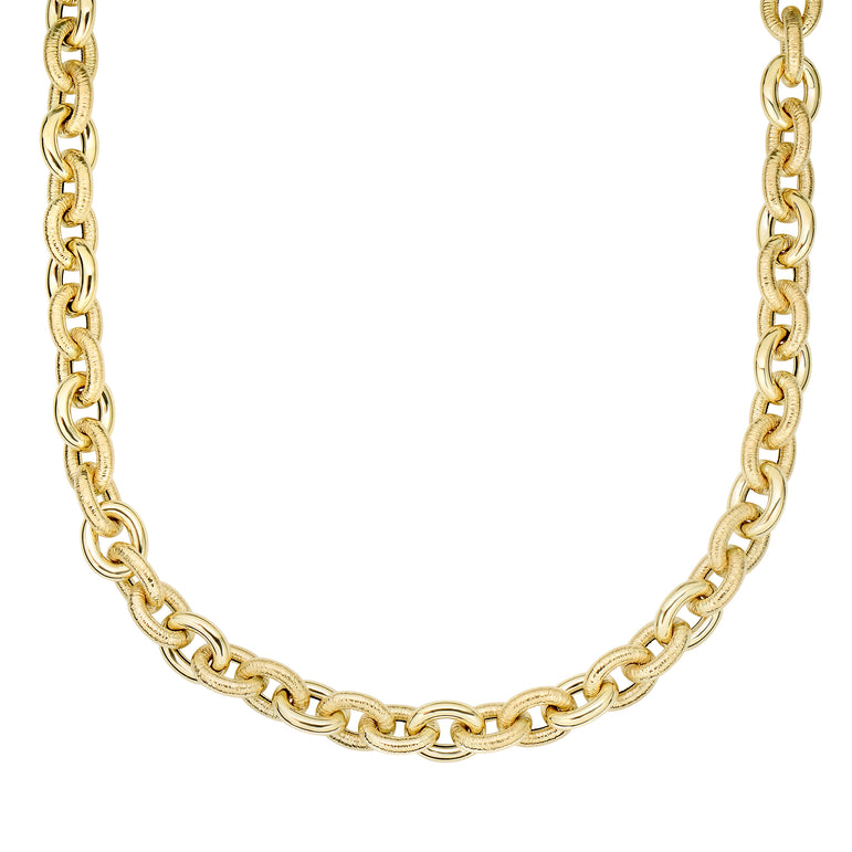 14K Gold Alternating Oval & Textured Heritage Link-Yellow | Lobster