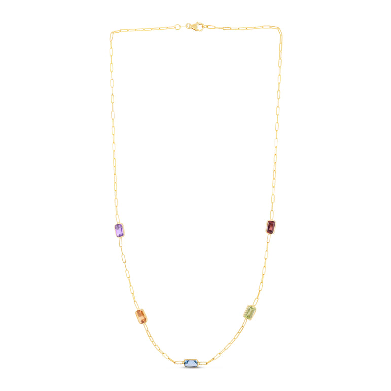 14K Multi-Gemstone Paperclip Necklace-Yellow | Lobster