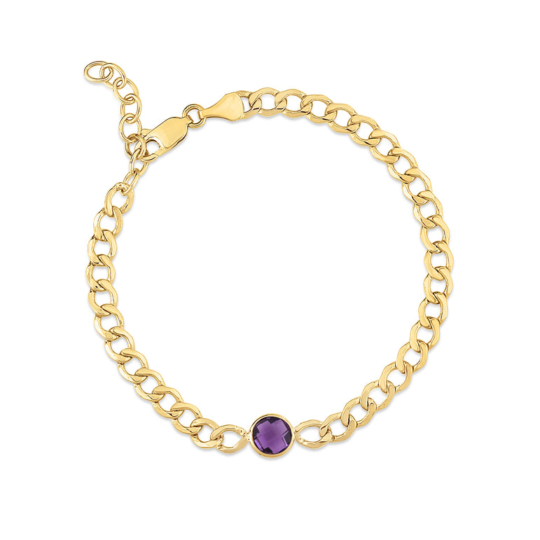 14K Amethyst Curb Chain Bracelet-Yellow | Lobster
