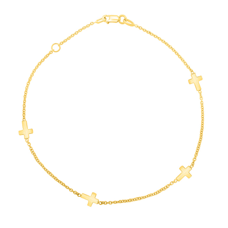 14K Gold Cross Anklet-Yellow | Lobster