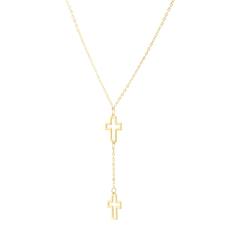 14K Double Cross Drop Necklace-Yellow | Lobster