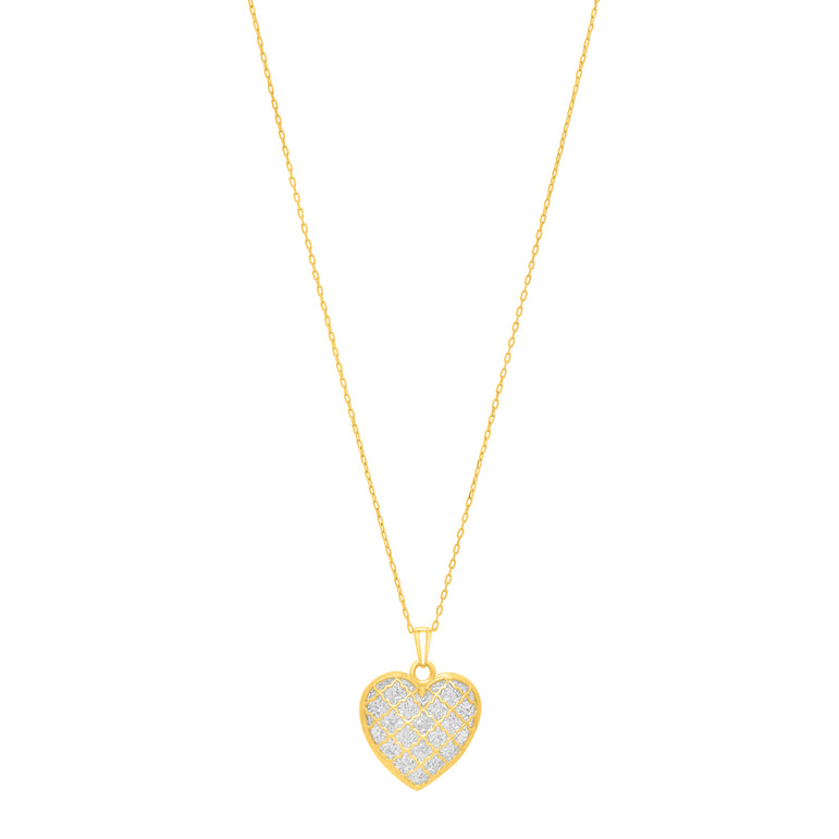 14K Gold Diamond Cut Checkered Heart Necklace-Two-tone | Spring Ring
