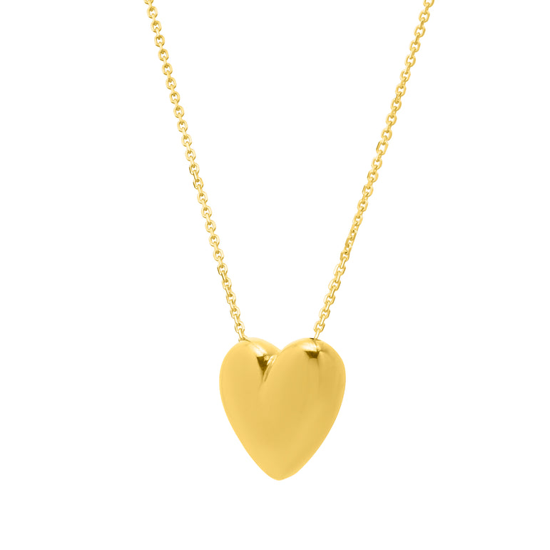 14K Gold Large Puffed Up Heart Necklace-Yellow | Lobster