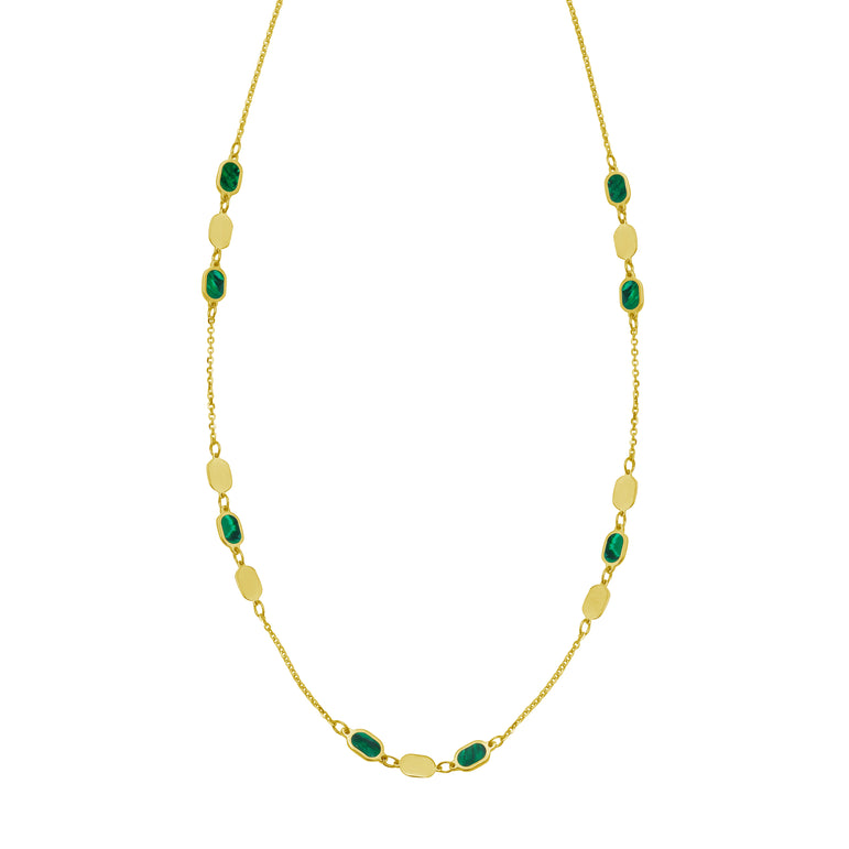 14K Hexagon Malachite Inlay Links Necklace-Yellow | Lobster