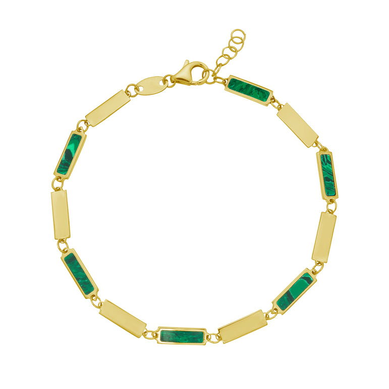 14K Malachite Rectangle Links Bracelet-Yellow | Lobster