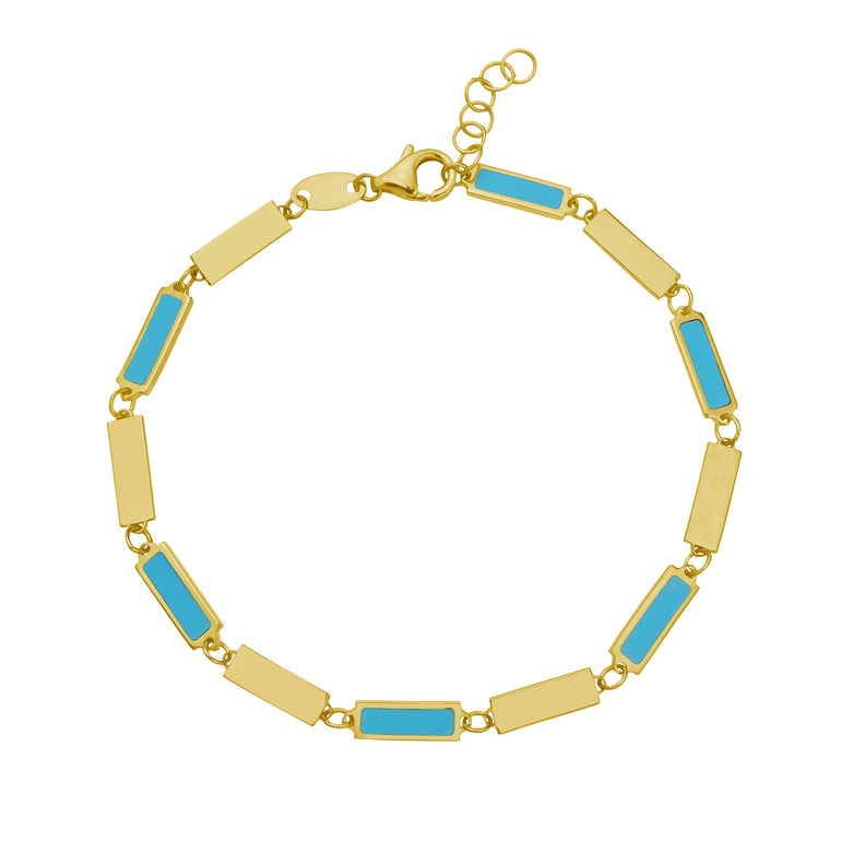 14K Turquoise Rectangle Links Bracelet-Yellow | Lobster