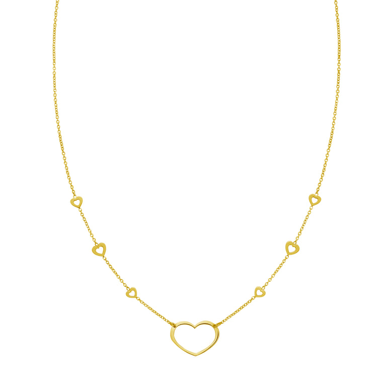 14K Open Heart Station Necklace-Yellow | Lobster