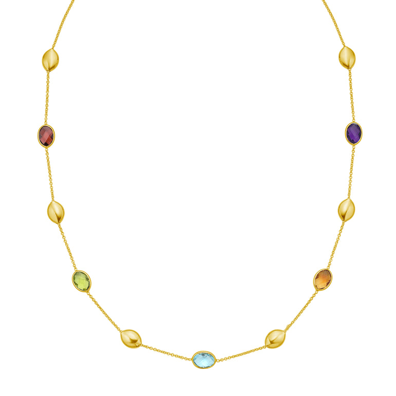 14K Oval Gem & Bead Necklace-Yellow | Lobster