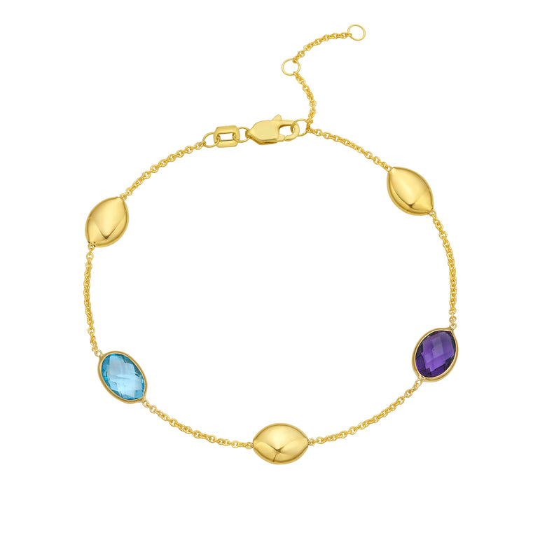 14K Oval Gem & Bead Bracelet-Yellow | Lobster