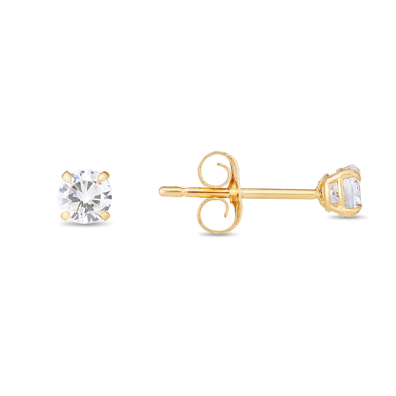 14K Gold 3mm Round CZ Stud Earring-Yellow | Push Back