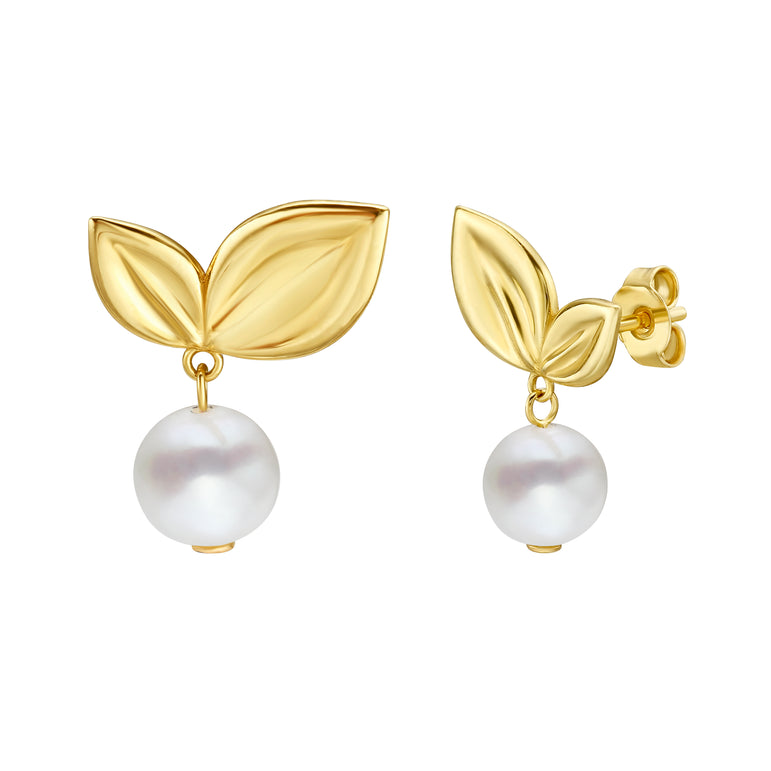 14K Cherry Leaf & Pearl Drop Studs-Yellow | Push Back