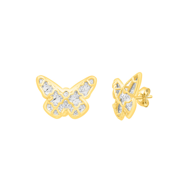 14K Gold Diamond Cut Checkered Butterfly Studs-Two-tone | Push Back