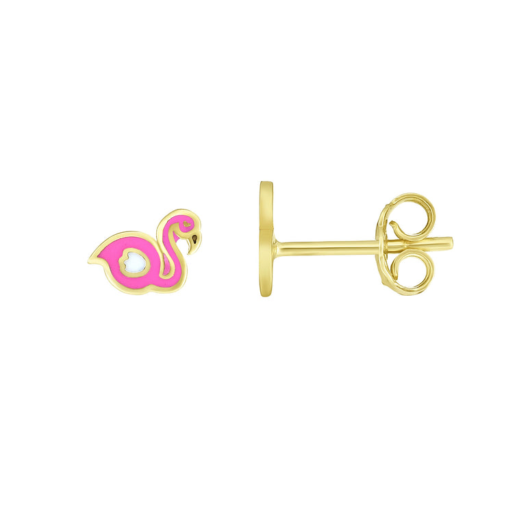 14K Gold Enamel Flamingo Stud Earring-Yellow | Push Back