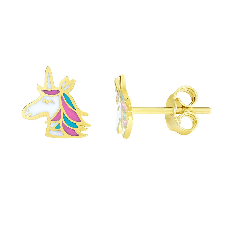 14K Gold Enamel Unicorn Stud Earring-Yellow | Push Back