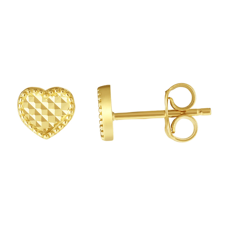14K Gold Diamnd Cut Heart Stud Earring-Yellow | Push Back