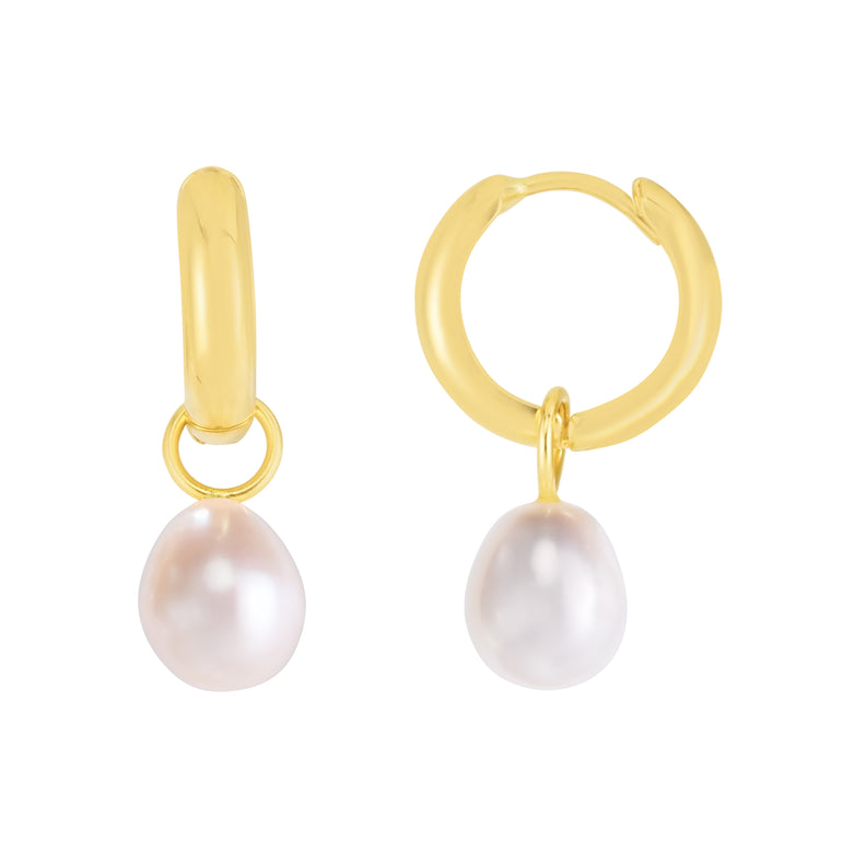 14K Pearl Drop Huggie Earrings-Yellow | Hinged