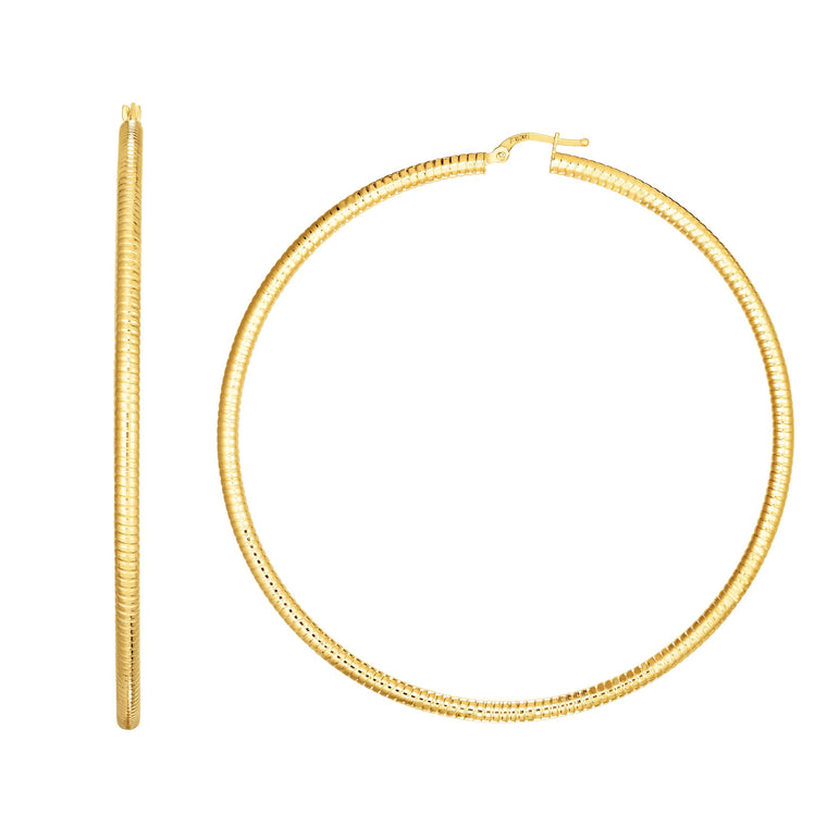 14K Gold 3x80mm Textured Hoop Earring-Yellow | Hinged