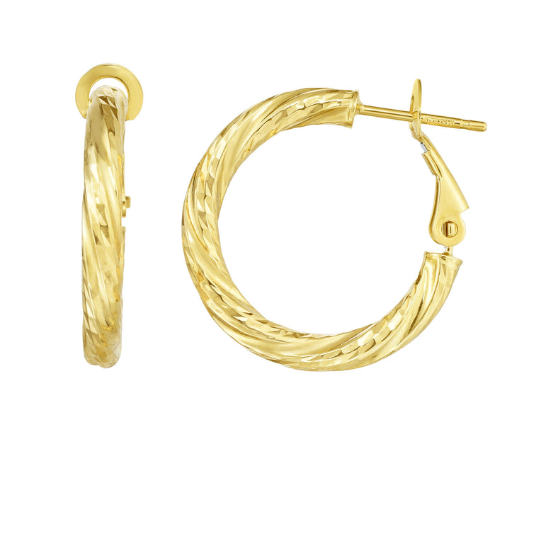 14K Gold 3x15mm Diamond Cut Twist Omega Back Hoop Earring-Yellow | Omega Back