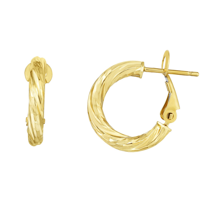 14K Gold 3x10mm Diamond Cut Twist Omega Back Hoop Earring-Yellow | Omega Back