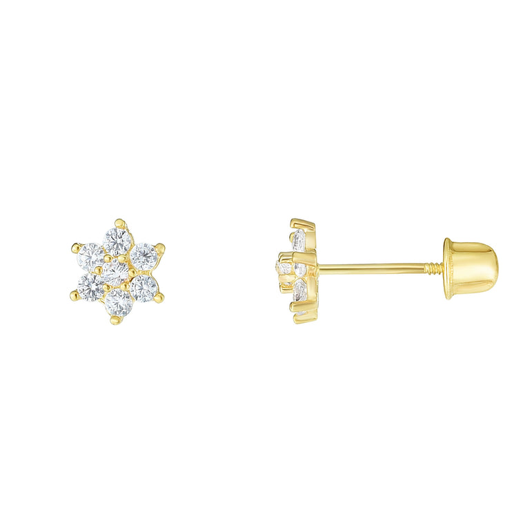 14K Gold CZ Flower Stud Earring-Yellow | Screw Back