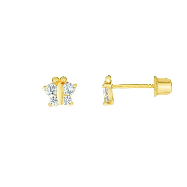 14K Gold CZ Butterfly Stud Earring-Yellow | Screw Back