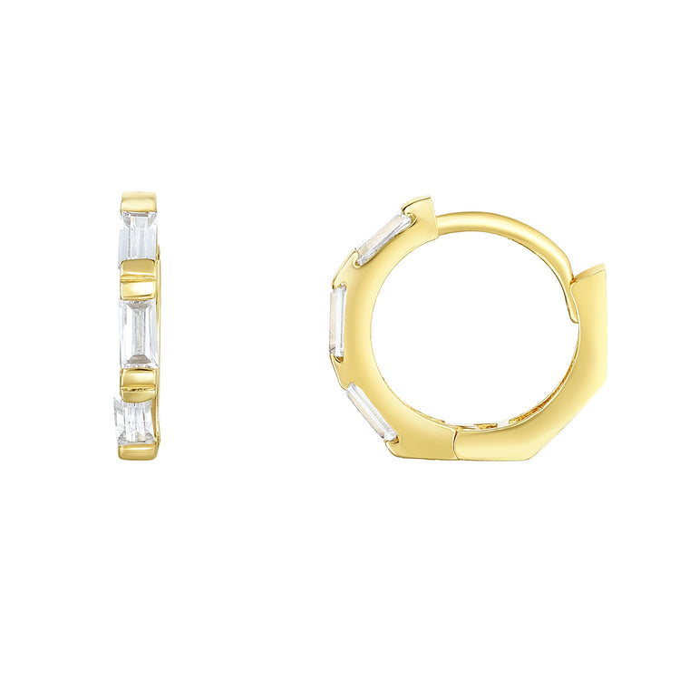 14K Gold CZ Baguette Huggie Earring-Yellow | Hinged