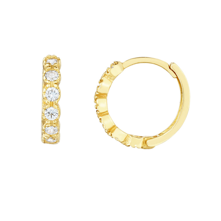 14K Gold Round CZ Huggie Earring-Yellow | Hinged