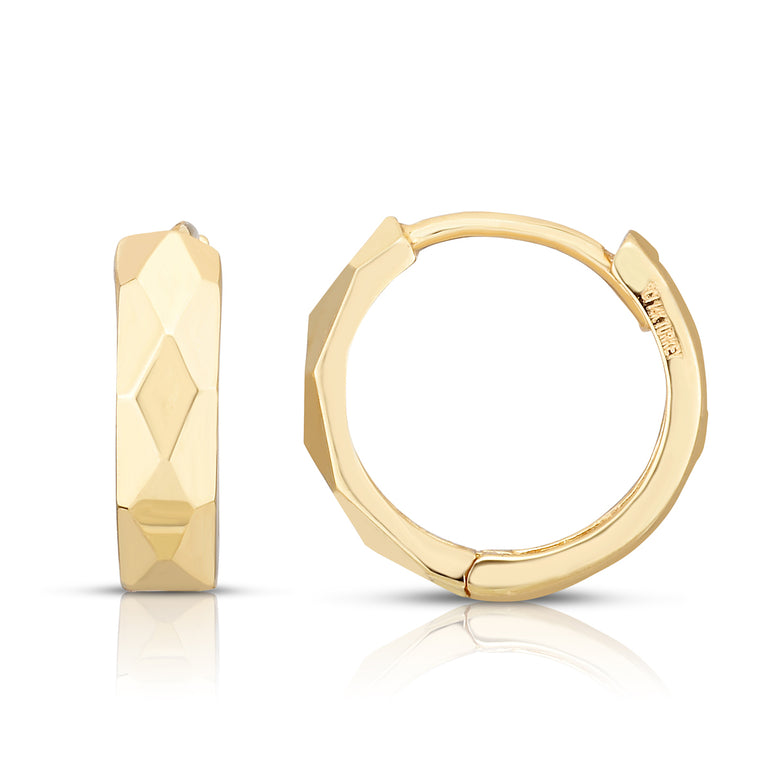 14K Gold Faceted Huggie Earrings-Yellow | Hinged