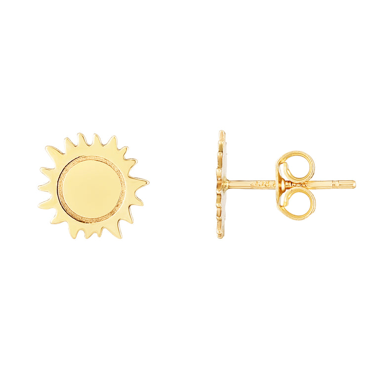 14K Gold Polished Sun Stud Earring-Yellow | Push Back