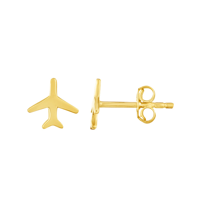 14K Gold Polished Airplane Stud Earring-Yellow | Push Back