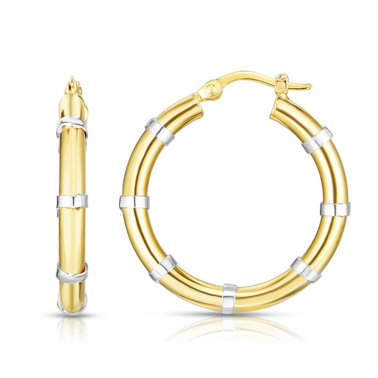 14K Gold Diamond Cut Station Hoop Earring-Two-tone | Hinged