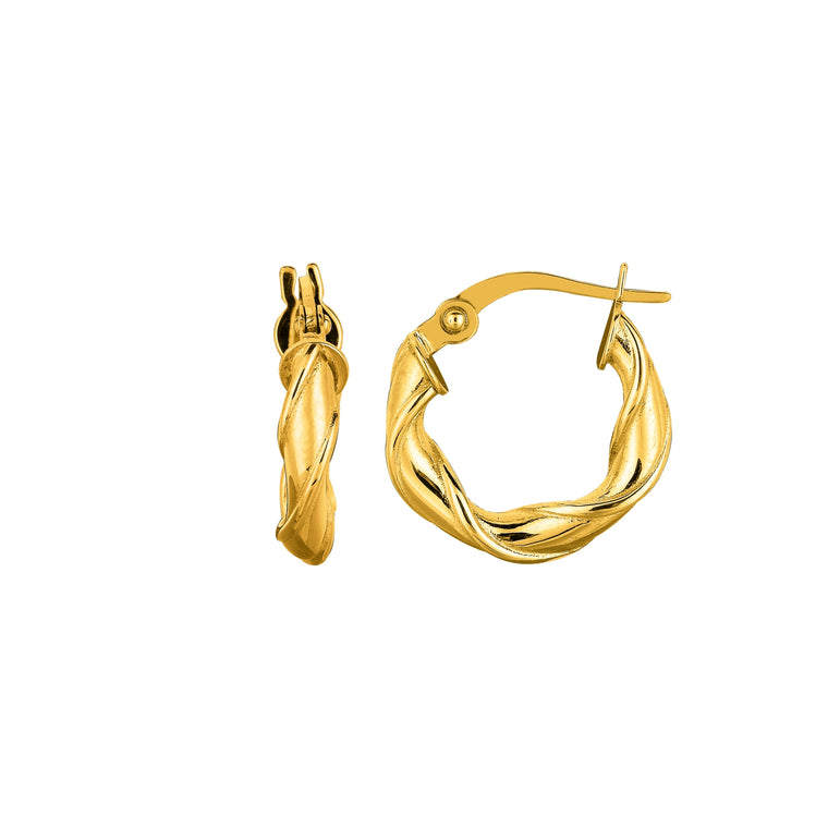 14K Gold 3x15mm Twist Hoop Earring-Yellow | Hinged