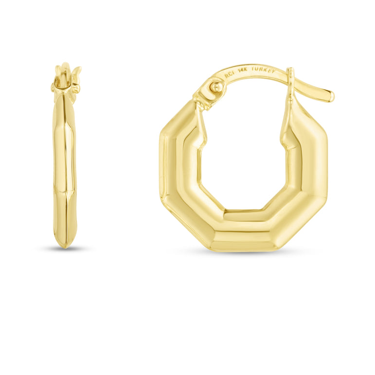 14K Puffed Hexagon Hoops-Yellow | Hinged
