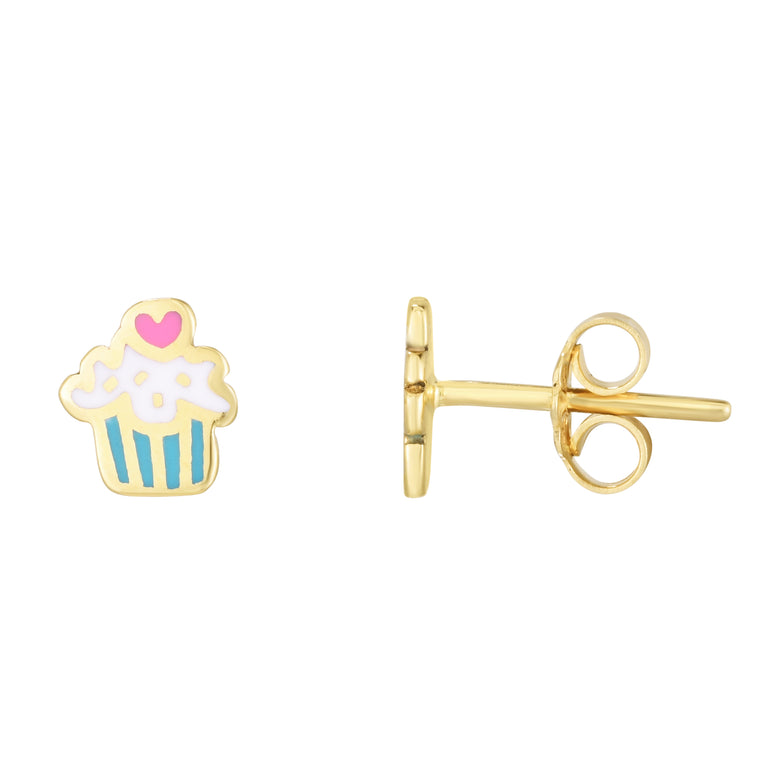 14K Cupcake Enamel Earrings-Yellow | Push Back