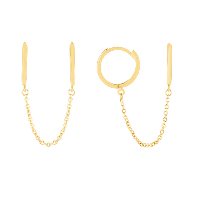 14K Double Pierced Chain Huggies-Yellow | Hinged