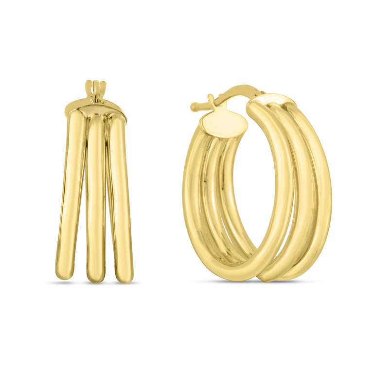 14K Gold 15mm Large Triple Row Hoops-Yellow | Hinged