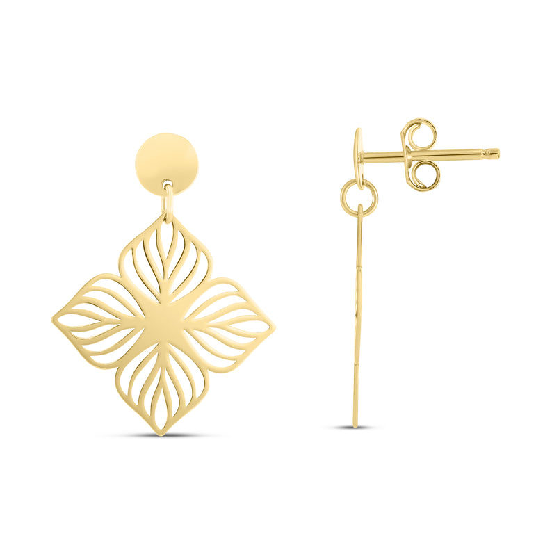14K Flower Cutout Drop Earrings-Yellow | Push Back