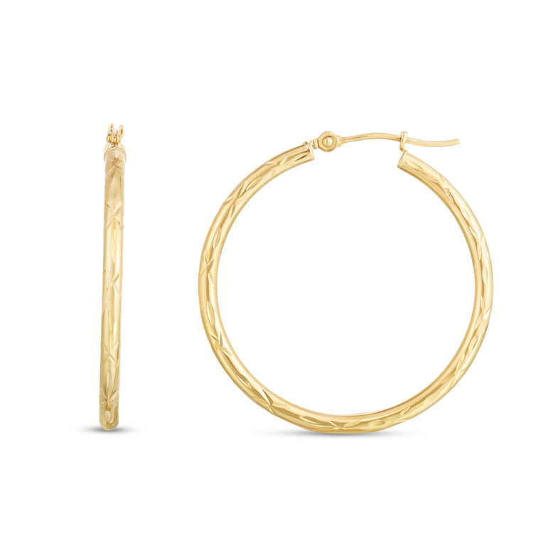 14K Round 2mm Diamond Cut Hoops-Yellow | Hinged