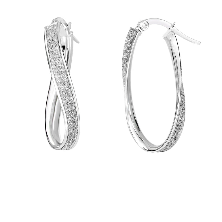 14K Gold Twisted Oval Glitter Hoop Earring-White | Hinged