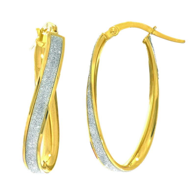 14K Gold Twisted Oval Glitter Hoop Earring-Yellow | Hinged
