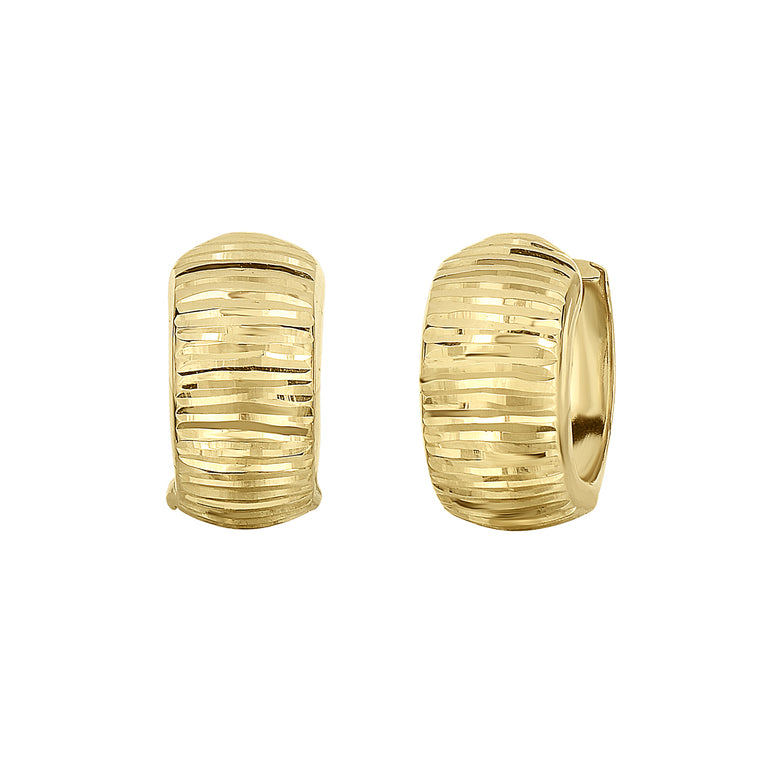 14K Gold Reversible Polished & Linear Diamond Cut Huggie Earring-Yellow | Hinged