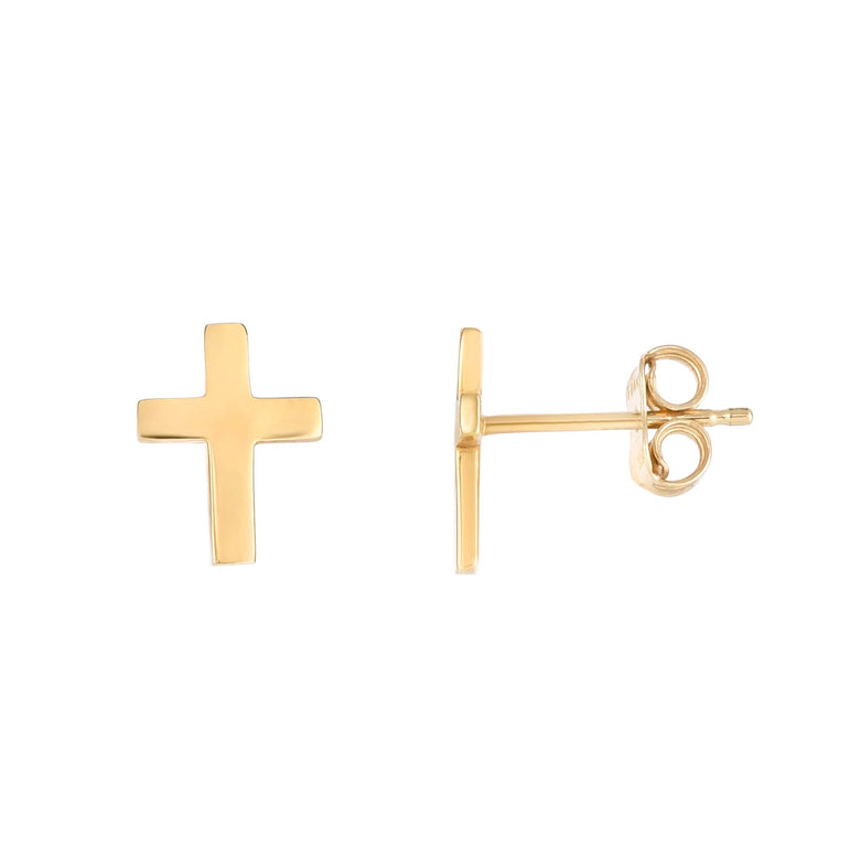 14K Gold Cross Stud Earring-Yellow | Push Back