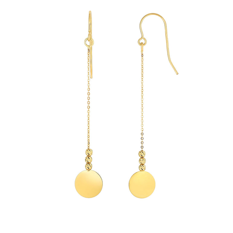 14K Gold Polished Disc & Bead Drop Earring-Yellow | Euro Wire