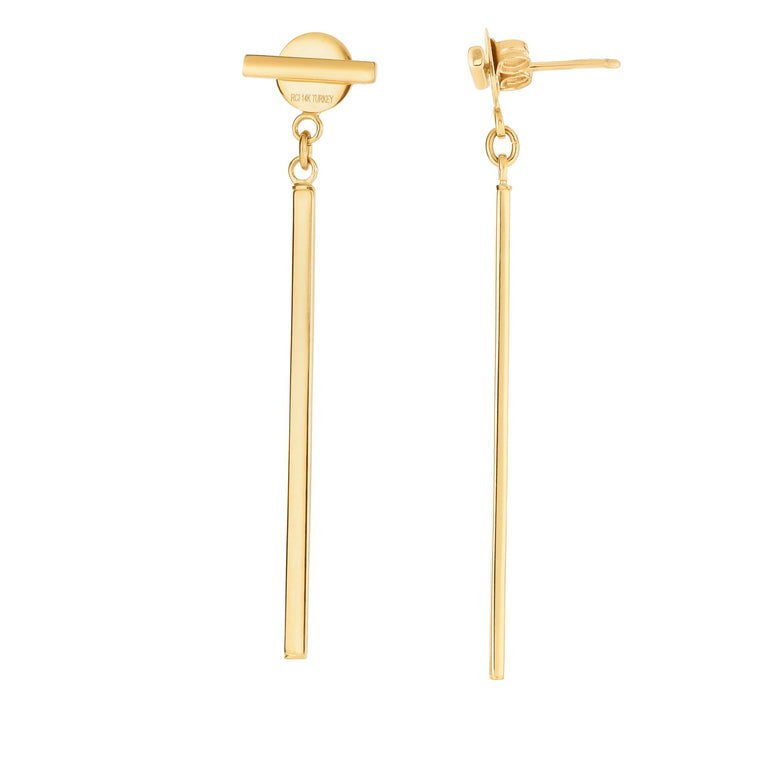 14K Gold Polished Bar with Horizontal Post Linear Drop Earring-Yellow | Push Back
