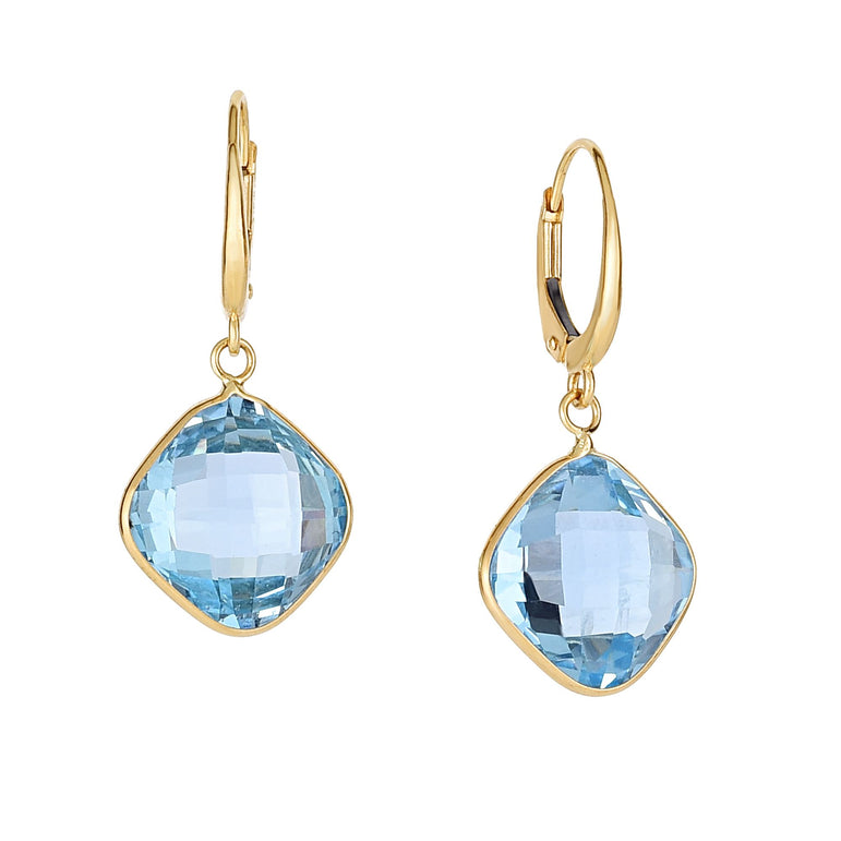 14K Gold Blue Topaz Cushion Drop Earrings-Yellow | Lever Back