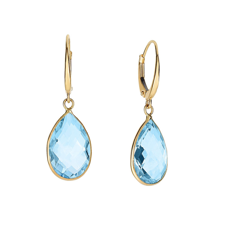 14K Gold Blue Topaz Pear Drop Earrings-Yellow | Lever Back