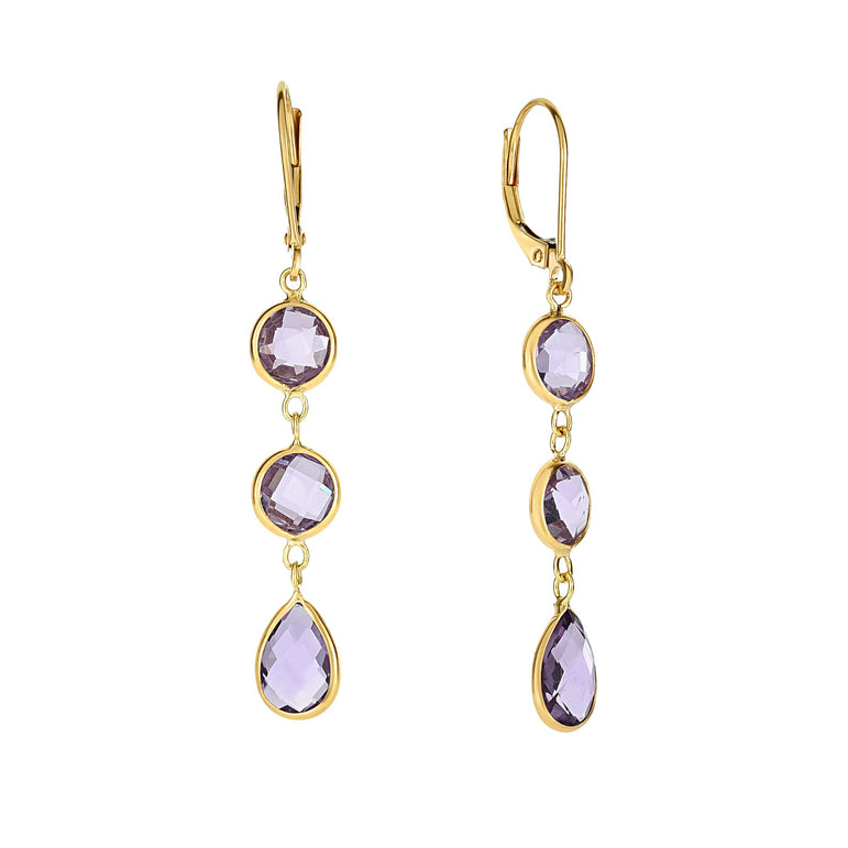 14K Gold Amethyst Drop Earrings-Yellow | Lever Back